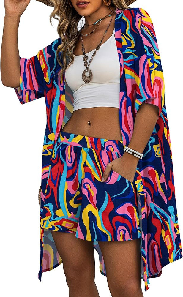 REDHOTYPE Womens Vacation Outfits Hawaiian Style 2 Piece Sets Long Cover Ups Half Sleeve Shorts S... | Amazon (US)