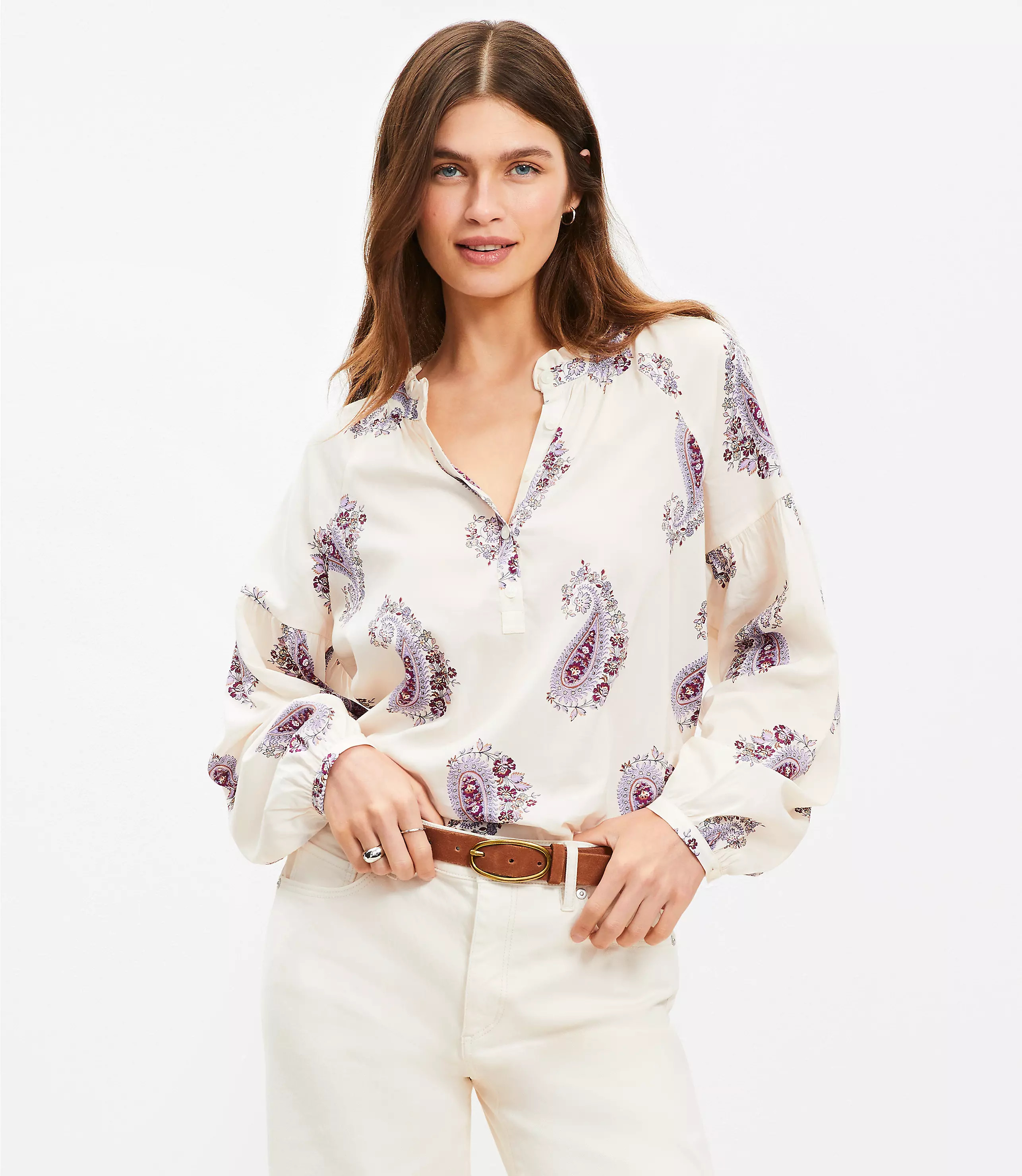Paisley Draped Sleeve Henley Blouse | LOFT