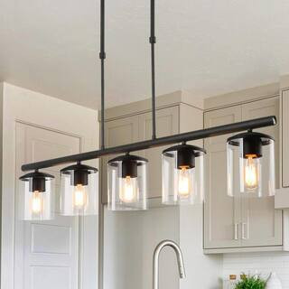 LNC Modern 5-Light 37 in. Matte Black Linear Island Chandelier with Clear Glass Shades, Kitchen H... | The Home Depot