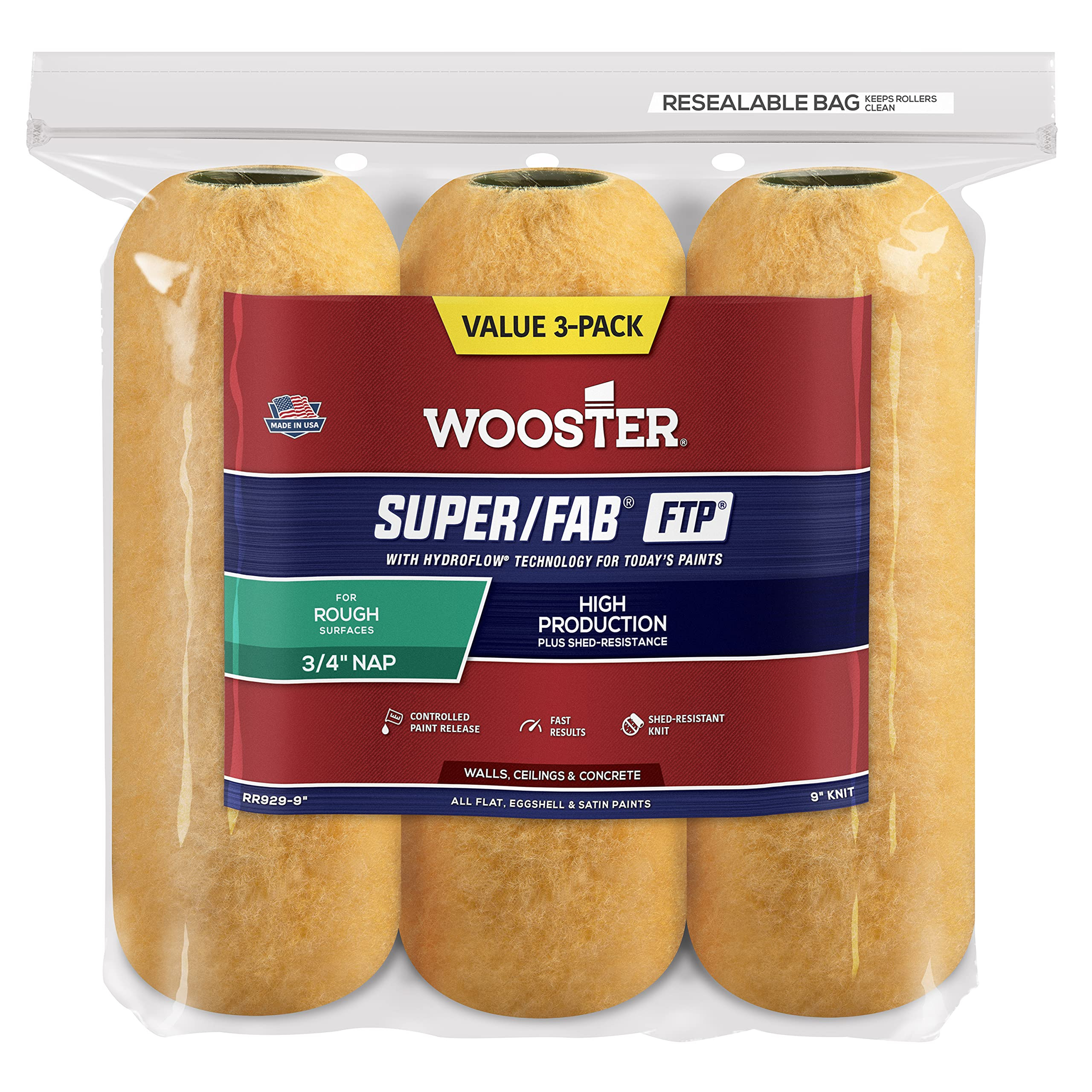 The Wooster Brush Company RR929-9 Super Fab FTP Roller Cover 3/4-Inch Nap, 3-Pack | Amazon (US)