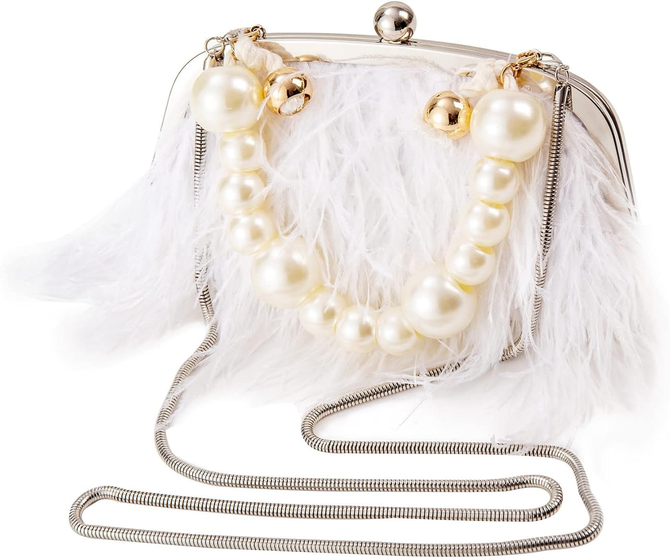 Women Real Natural Ostrich Feather Pearl Clutch Purses for Women Bling Evening Bag Chain Crossbod... | Amazon (US)