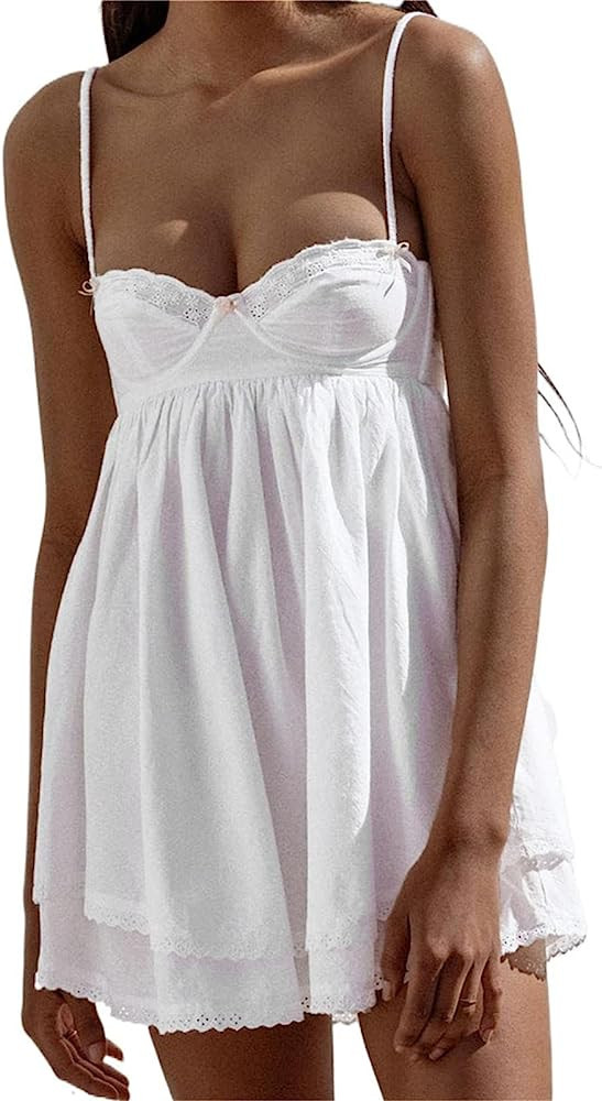 Women Chic Vintage Lace Cute Fairy Dress Sleeveless Spaghetti Strap Grunge 90S Aesthetic E-Girl M... | Amazon (US)