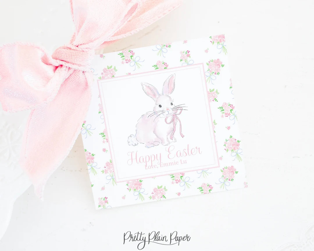 Easter Tag | White Bunny with Pink Bow and Floral Print | 3.5x3.5 Printable | Watercolor Happy Ea... | Etsy (US)