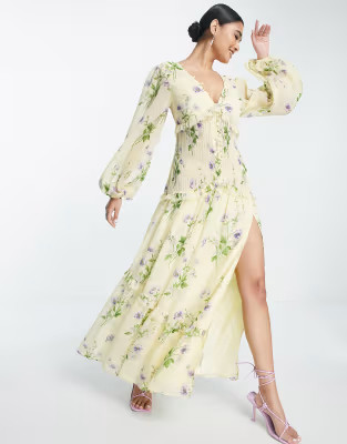 ASOS DESIGN button up pintuck maxi dress in yellow floral print | ASOS | ASOS (Global)