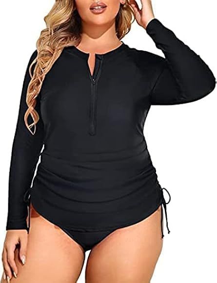 Holipick Women Two Piece Plus Size Zipper Long Sleeve Rash Guard UPF 50+ Swim Shirt with Bottom B... | Amazon (US)