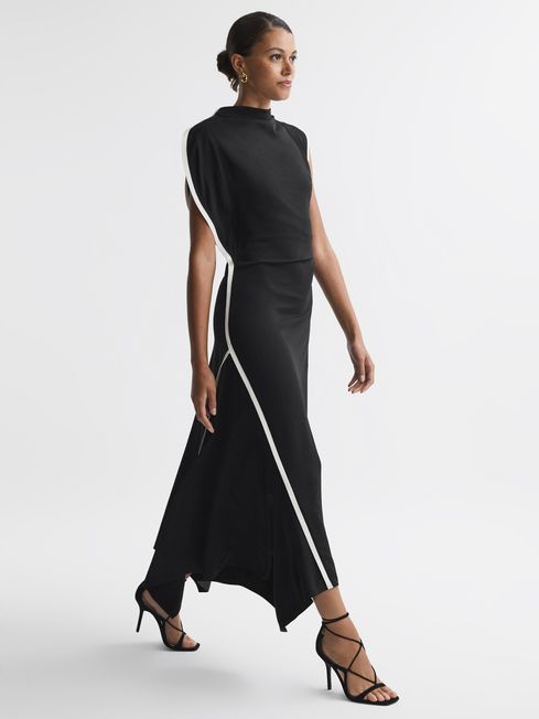 Reiss Black/White Klein Asymmetric Contrast Trim Midi Dress | Reiss US