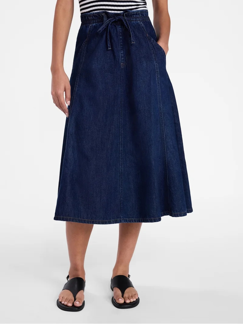 Time and Tru Women's Tie Waist Denim Midi Skirt, Sizes XS-XXXL | Walmart (US)