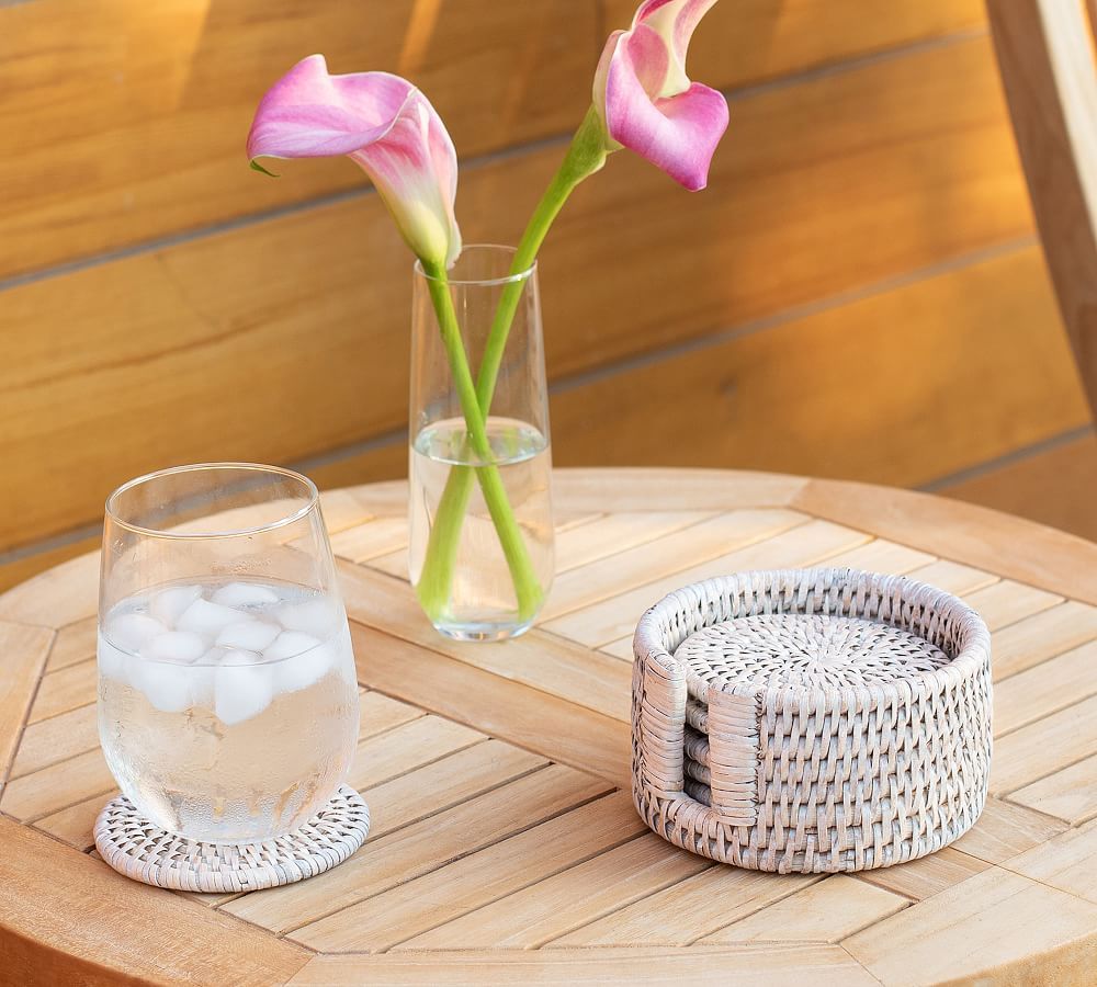 Tava Handwoven Rattan Round Coasters with Holder | Pottery Barn (US)