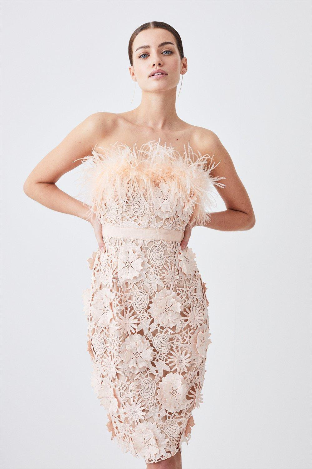 Petite Lace Feather Off The Shoulder Woven Midi Dress | Karen Millen US