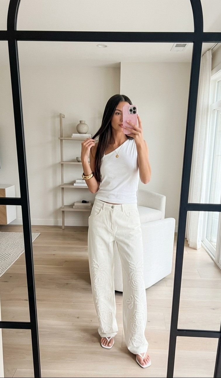 Okay but how cute is this all white summer look 🤍 i’m obsessed. the flowy wide leg jeans with the floral embroidery are everything and make the outfit feel so effortless but still super chic. definitely one of those easy outfits you throw on and instantly feel put together in ☀️✨ perfect for summer dinners, vacations, brunch, or just a casual day out.

#Mango #LTKStyle #SummerOutfit #WhiteOutfit #WideLegJeans #MinimalStyle #OOTD #SummerFashion #VacationStyle #NeutralStyle #EffortlessStyle #FashionInspo #CasualChic #CleanGirlStyle #EverydayStyle #MangoSpringMomentumChallenge 

 #LTKdayinmylife #LTKgrwm #LTKSeasonal