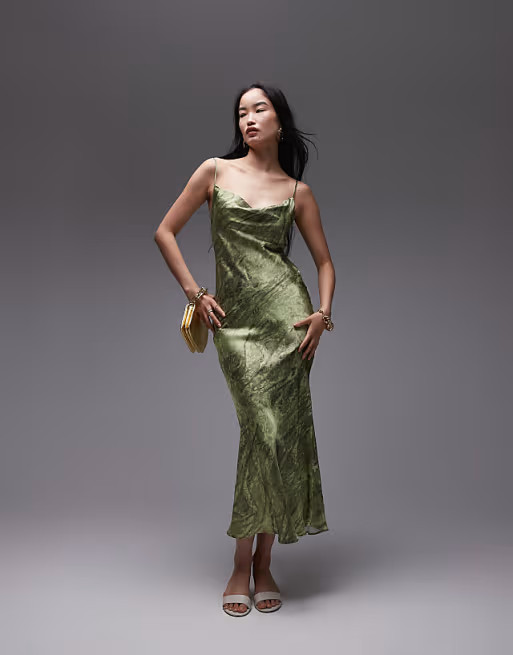 Topshop cowl midi slip dress placement lace in green print | ASOS (Global)