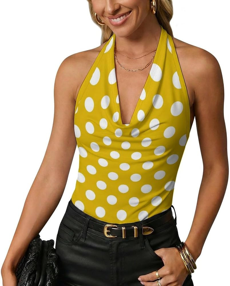 Sexy Halter Tops for Women Trendy - Golden Yellow Polka Dot Print Deep V Cowl Neck Summer Going O... | Amazon (CA)