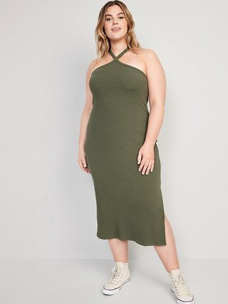 Fitted Rib-Knit Halter Midi Dress for Women | Old Navy (US)