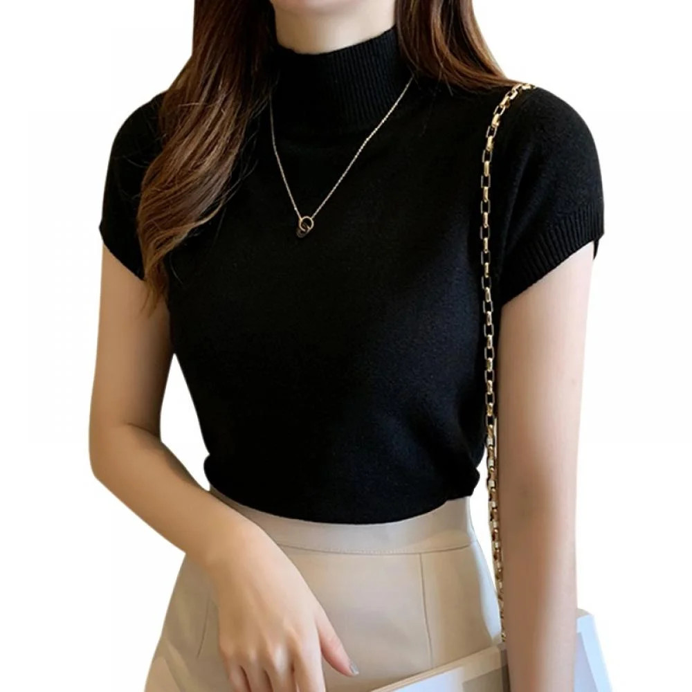 Women's Solid Half Turtleneck  Fashion Slim Short Sleeve Knitted T-Shirt | Walmart (US)