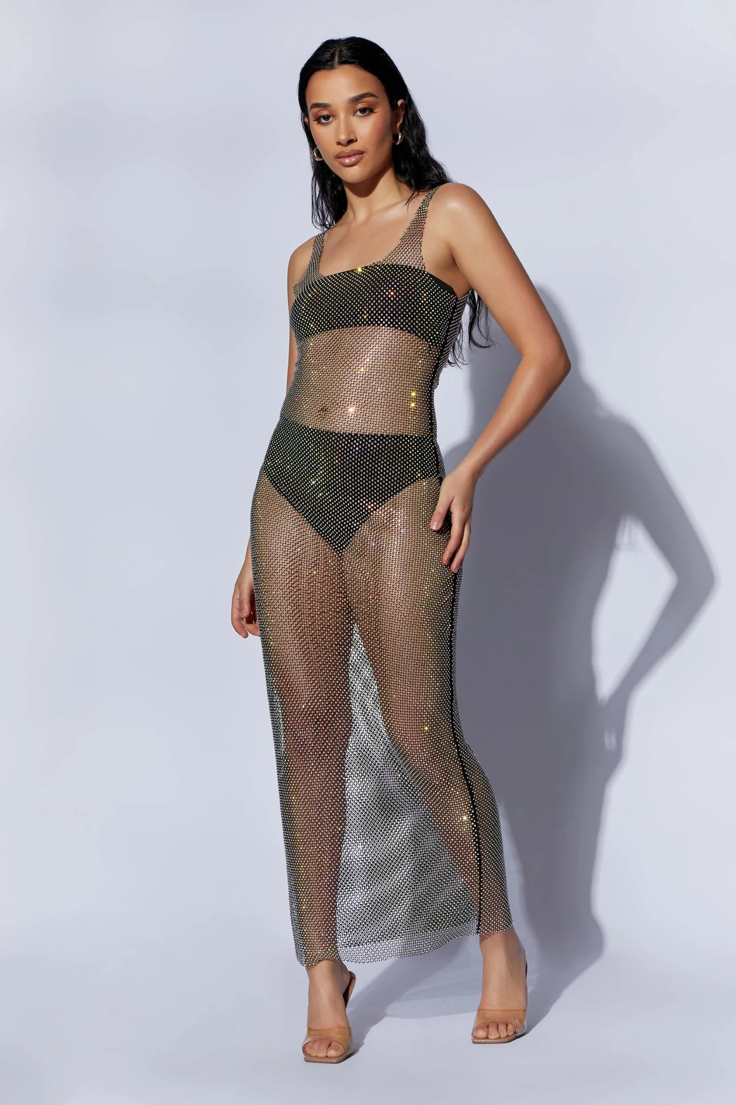 Delara Diamante Mesh Maxi Dress - Black | MESHKI US
