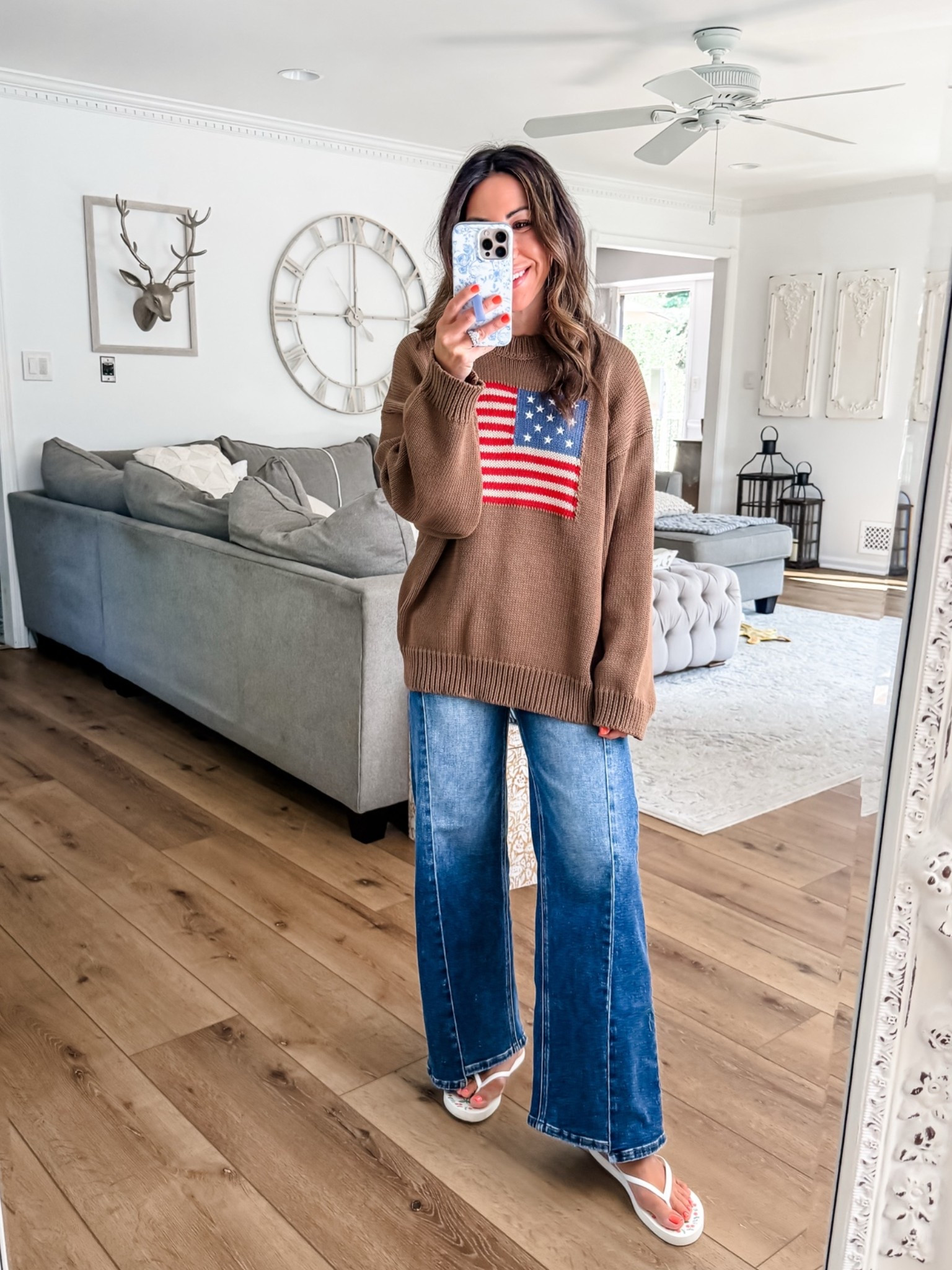 Code FAVS50 for 50% off at Social Threads. 
Wide leg jeans, 25. Flag sweater small.

#LTKSaleAlert #LTKOver40 #LTKPetite