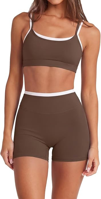 SUUKSESS 2 Piece Workout Sets Layered Sports Bra Yoga Gym Biker Shorts | Amazon (US)