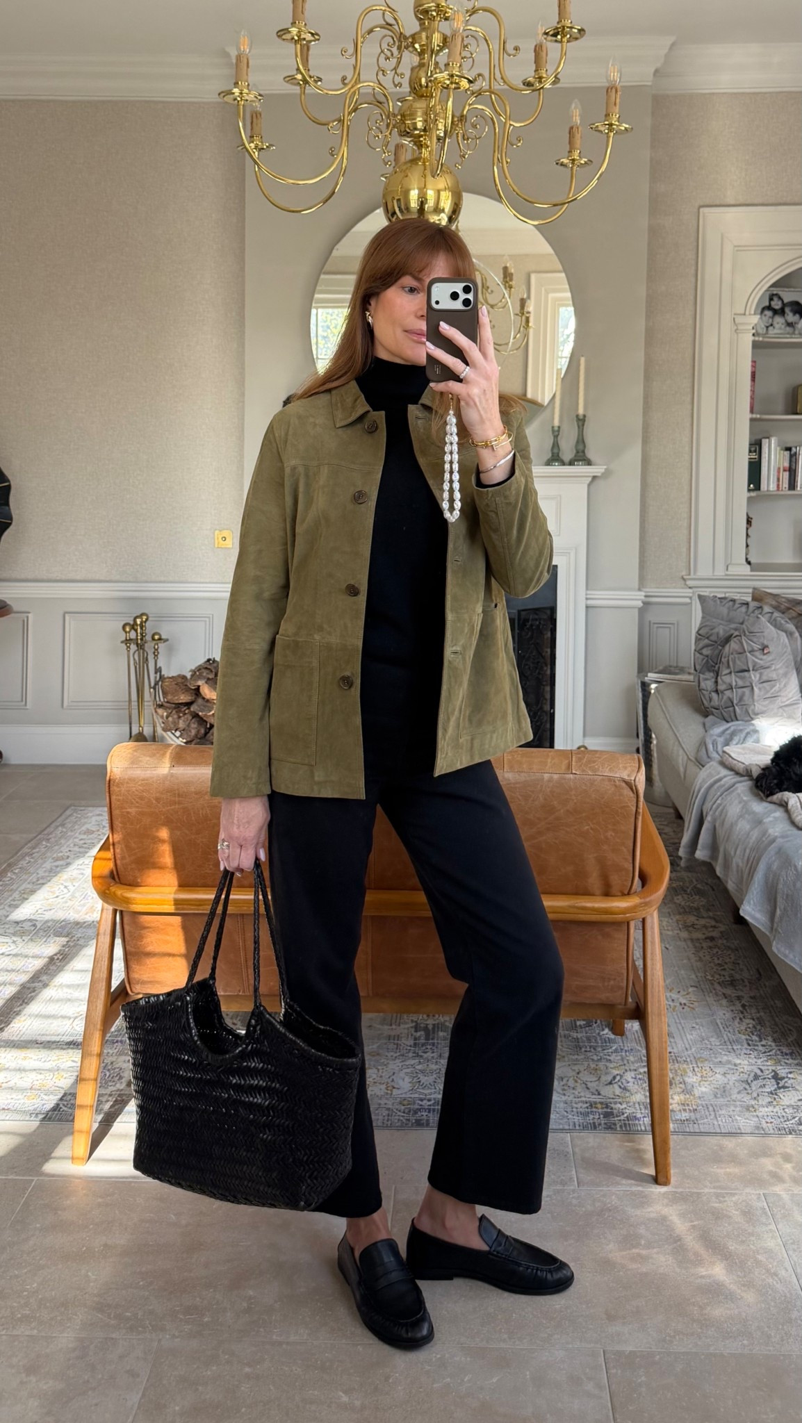 Suede jacket size 10 
Black Levi’s 29/29
Black turtle neck 
Dragon Diffusion handbag 
Black leather loafers 