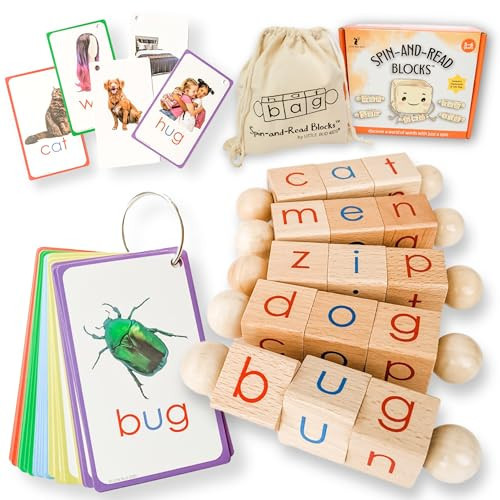 LITTLE BUD KIDS Spin-and-Read Montessori Phonetic Reading Blocks with CVC Phonics Flashcards for Beginner Readers, Montessori Reading Wooden Toys for 3 Years + | Amazon (US)