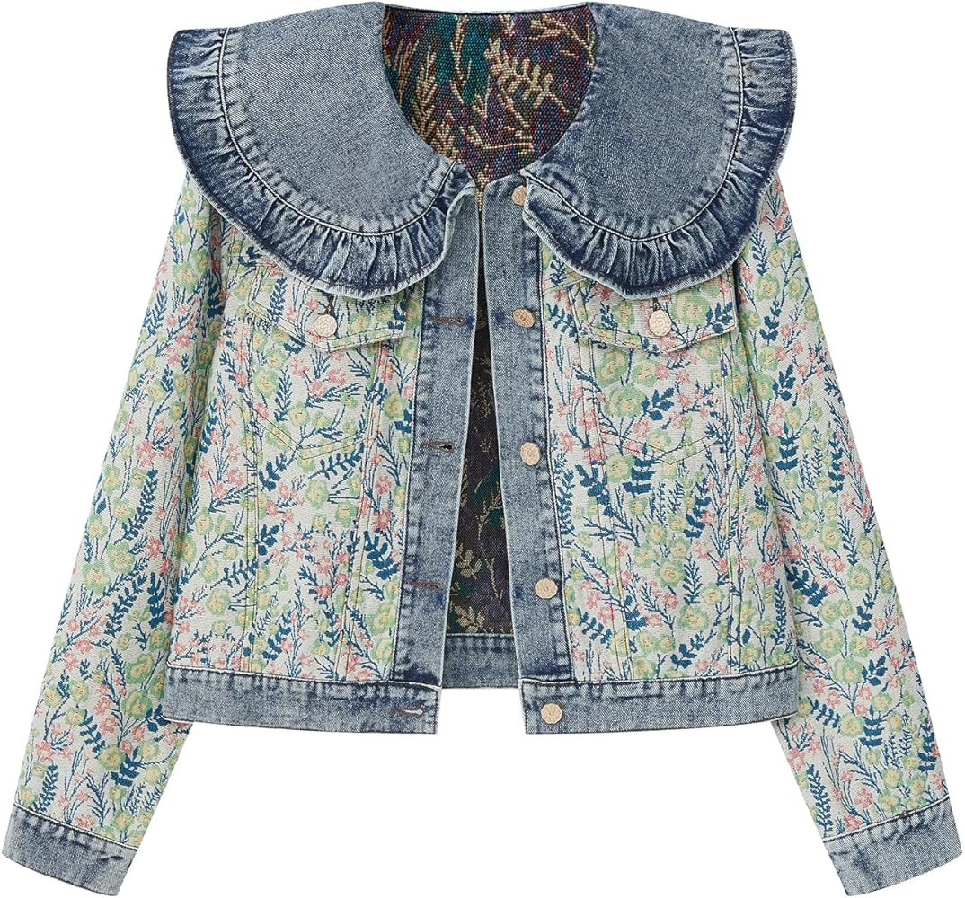 Xaspee Womens Peter Pan Collar Cropped Jean Jacket Embroidered Jacquard Long Sleeve Casual Floral... | Amazon (US)