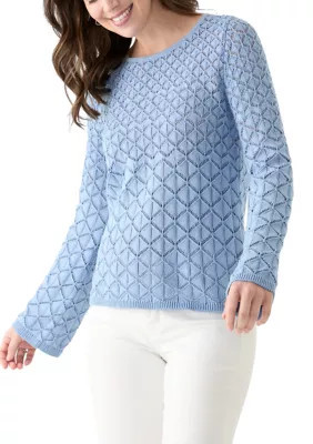 AGB Women's Long Sleeve Crochet Sweater, Blue, Large | Belk