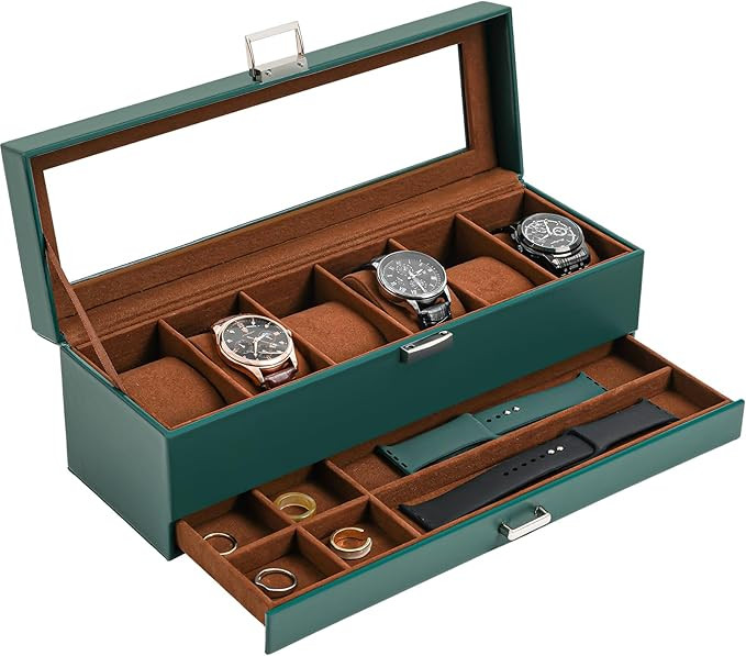 ProCase Watch Box for Men, 6 Slot Watch Display Case with Drawer, Mens Watch Case With Glass Lid,... | Amazon (US)