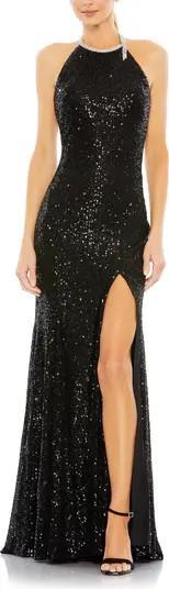 Mac Duggal Sequined High Neck Rhinestone Trim Column Gown | Nordstrom | Nordstrom