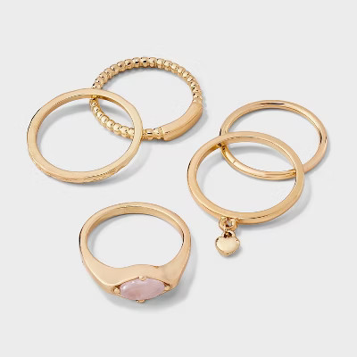 Rose Quartz and Heart Charm Ring Set 5pc - Universal Thread™ Gold | Target