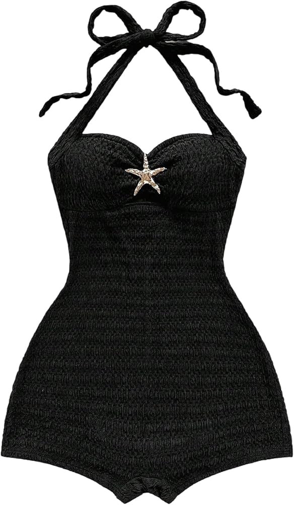 OYOANGLE Women's Sleeveless Halter Romper Textured Starfish Cut Out Open Back Beach Vacation Shor... | Amazon (US)