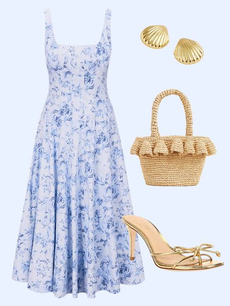 Love this beautiful floral midi dress paired with a cute ruffle raffia bag, gold bow sandals, and shell earrings 

#LTKover40 #LTKshoecrush #LTKstyletip