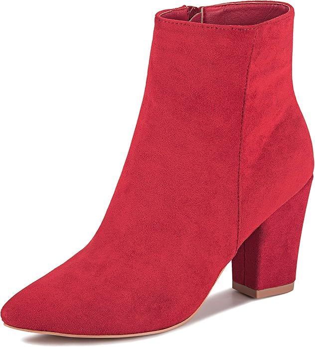 Women's Chunky Block Heel Ankle Boots Pointed Toe Side Zipper Mid Calf Booties Suede High Heels ... | Amazon (US)