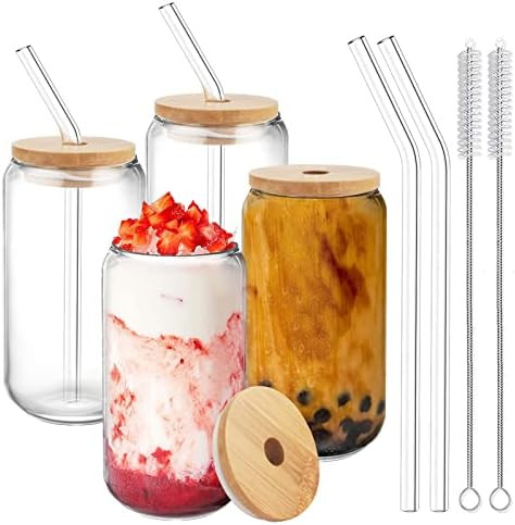 Hoteelee Drinking Glasses with Bamboo Lids and Glass Straw,4pcs Set,16.9 oz Can Shape Beer Glasse... | Amazon (US)