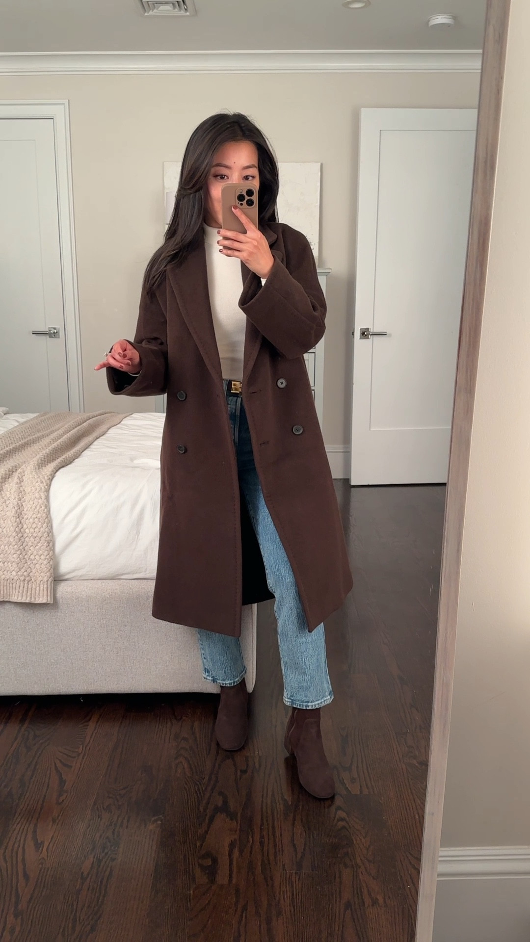 Full outfit is on sale - Aritzia Black Friday sale just started! FYI their sale items are returnable for store credit only. 

Check my Aritzia LtK collection folder for try ons of many other styles. 

• Slouch coat in (Re) camel Wool XXS Short burnt cedar

Short = petite and is shortened at both the torso and sleeve length 

, note that this same coat in Wool Cashmere may be thinner weight than the Recamel Wool one.

I have on XXS Short in the Slouch Coat (Re) camel Wool and it’s a generous, roomy fit with plenty of room to layer a sweater underneath. Some reviews suggested sizing down if between sizes.

Slouch coat in re(camel) is very nice quality and truly a plush, thick, warmer coat but doesn’t feel heavy. There is an internal lining between the layers that adds extra insulation without heaviness. 

• edited pieces belt xxs

• 40% off my Levi’s Wedgie Straight jeans in 24 x 26, “space to think” wash which is a grainy medium blue

• Gentle Souls by Kenneth Cole suede ankle bootie 5.5. I walk miles in these! Runs a little narrow so I sized up to my bigger half size. comfy, well cushioned and with arch support. Slim stretchy shaft with zipper is comfortable and easy to fit under pants and jeans leg openings.

#LTKSaleAlert #LTKCyberWeek #LTKStyleTip