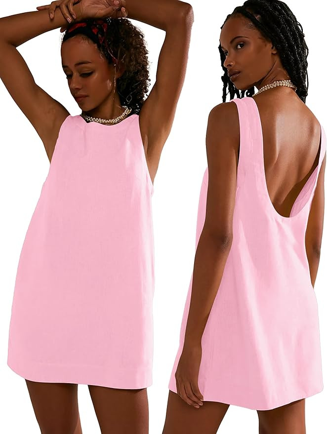 VIUTIL Womens Summer Linen Mini Dress Boat Neck Low Back Sleeveless Tank Dresses with Pockets 202... | Amazon (US)
