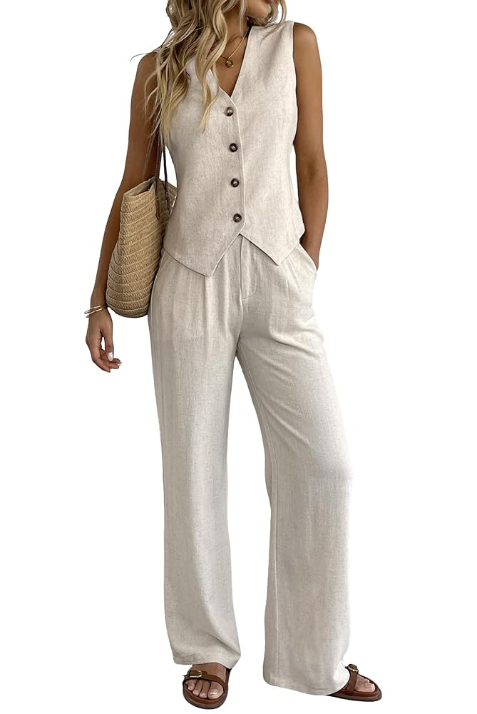 Women's 2 Piece Outfits Linen Vest Waistcoat Dressy Casual Sets Wide Leg Pants Suits | Amazon (US)
