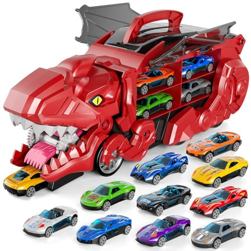 iHaHa Toddler Truck Toys for 3 4 5 6 Years Old Boys, Toys Cars Track Set Dinosaur Transporter Truck with 10 Die-Cast Car Toys, Transforms into Dino, Toddler Car Toys Set for Kids Boys Girls | Amazon (US)