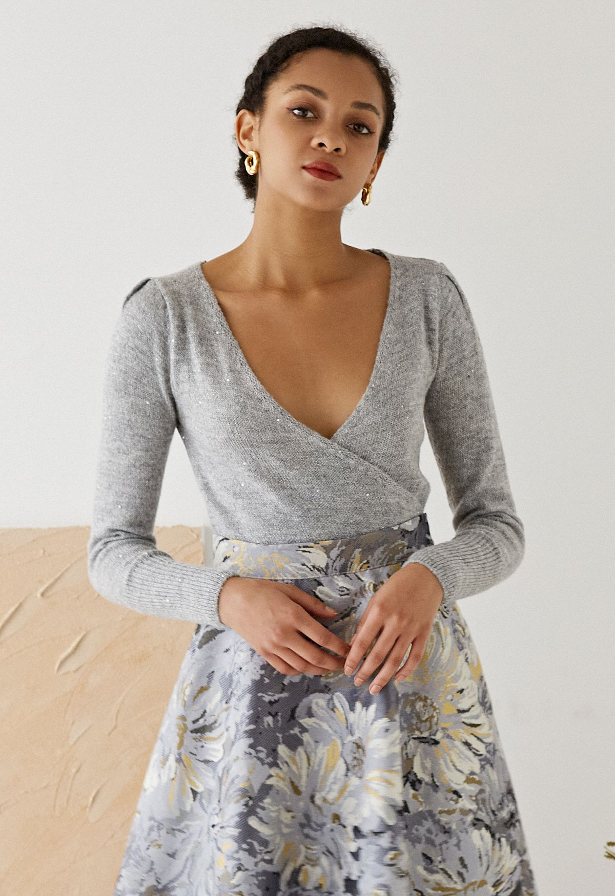 Lightweight Sequins Wrapped Knit Top in Grey | Chicwish