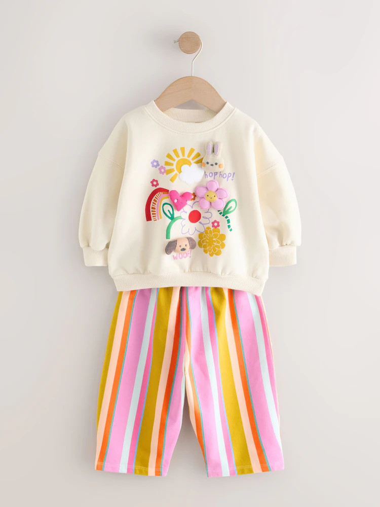 Cream Stripe Padded Characters Sweatshirt and Barrel Leg Joggers Set (3mths-7yrs) | Next EU