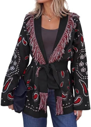 Cicy Bell Womens Fringe Cardigan Printed Long Sleeve V Neck Belt Sweaters | Open Front, Boho Swea... | Amazon (US)