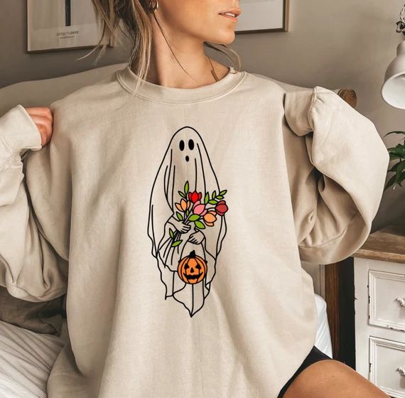 Halloween Ghost Shirt, Halloween Party Shirt, Floral Ghost Shirt, Autumn Shirt, Trick or Treat Sh... | Etsy (US)
