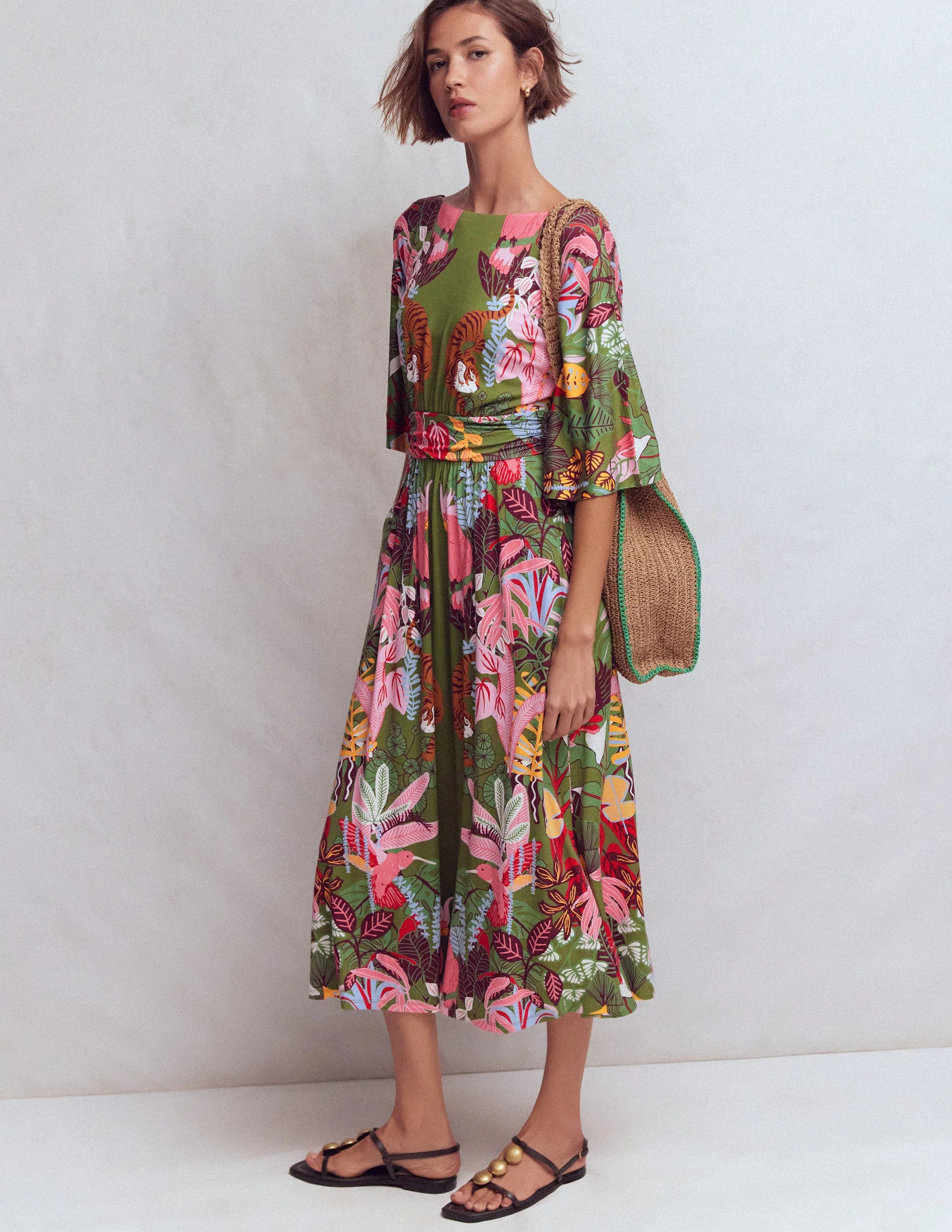 Imelda Kimono Jersey Dress-Olive, Tropical Safari | Boden (US)