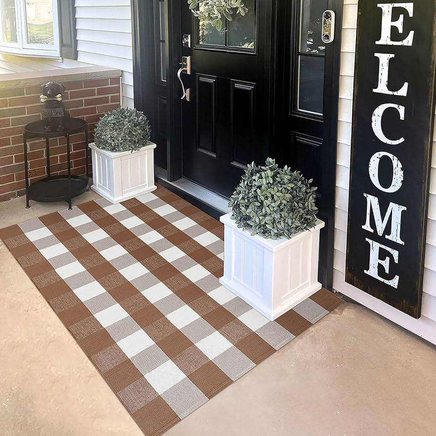 KILOCOCO Buffalo Plaid Checkered Rug 3'x5' Front Door Mat Outdoor Brown and White Entryway Rugs C... | Amazon (US)