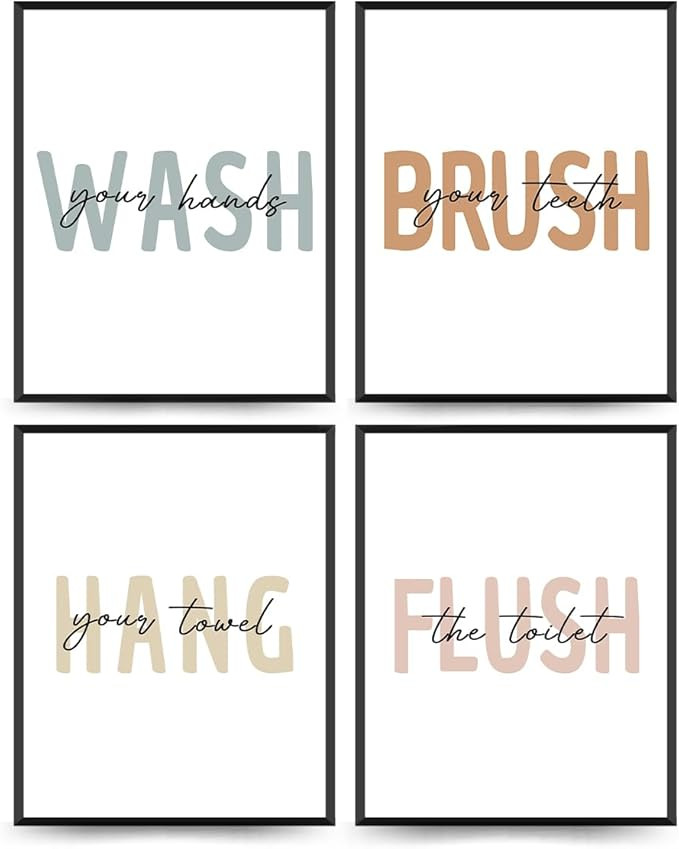 PLKMN Kids Bathroom Decor Set of 4, Wall Decor Prints, Toddler & Boho Colorful Wash Your Hands Si... | Amazon (US)