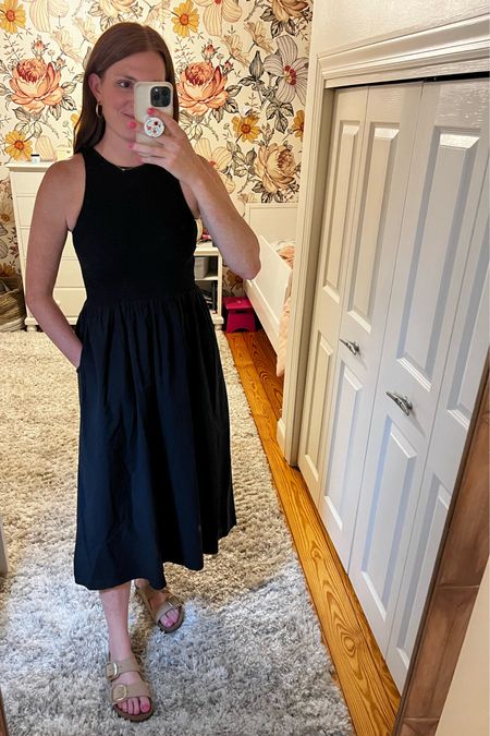 I adore this smocked midi dress! Pair it with sandals or a heel. Can literally be worn for anything!! I am wearing a small.