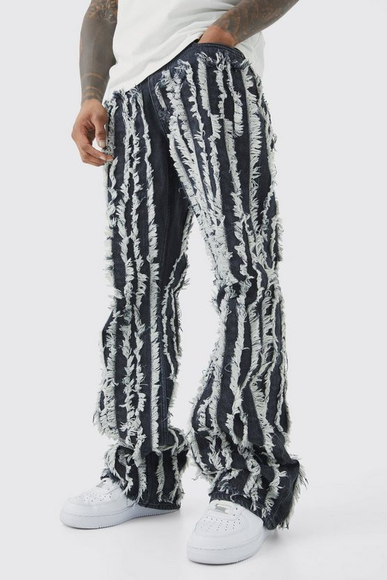 Relaxed Rigid Flare All Over Frayed Jeans | boohooMAN (US & Canada)