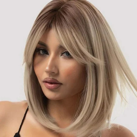 Creamily 12 Blonde Wigs for Women Straight Bob Wigs with Bangs Synthetic Short Blonde Bob Wigs with Dark Root | Walmart (US)