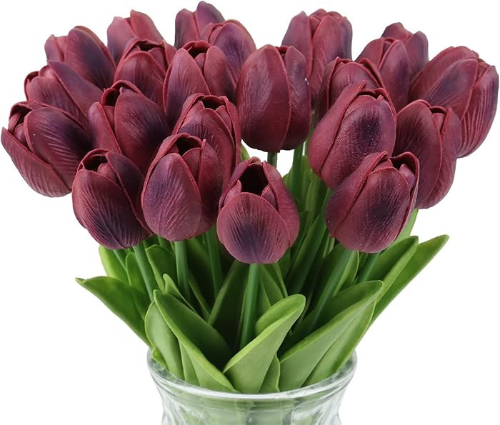 IPOPU Tulips Artificial Flowers 24PCS Burgundy Flowers Real Touch Tulips Fake Tulips Burgundy Sil... | Amazon (US)