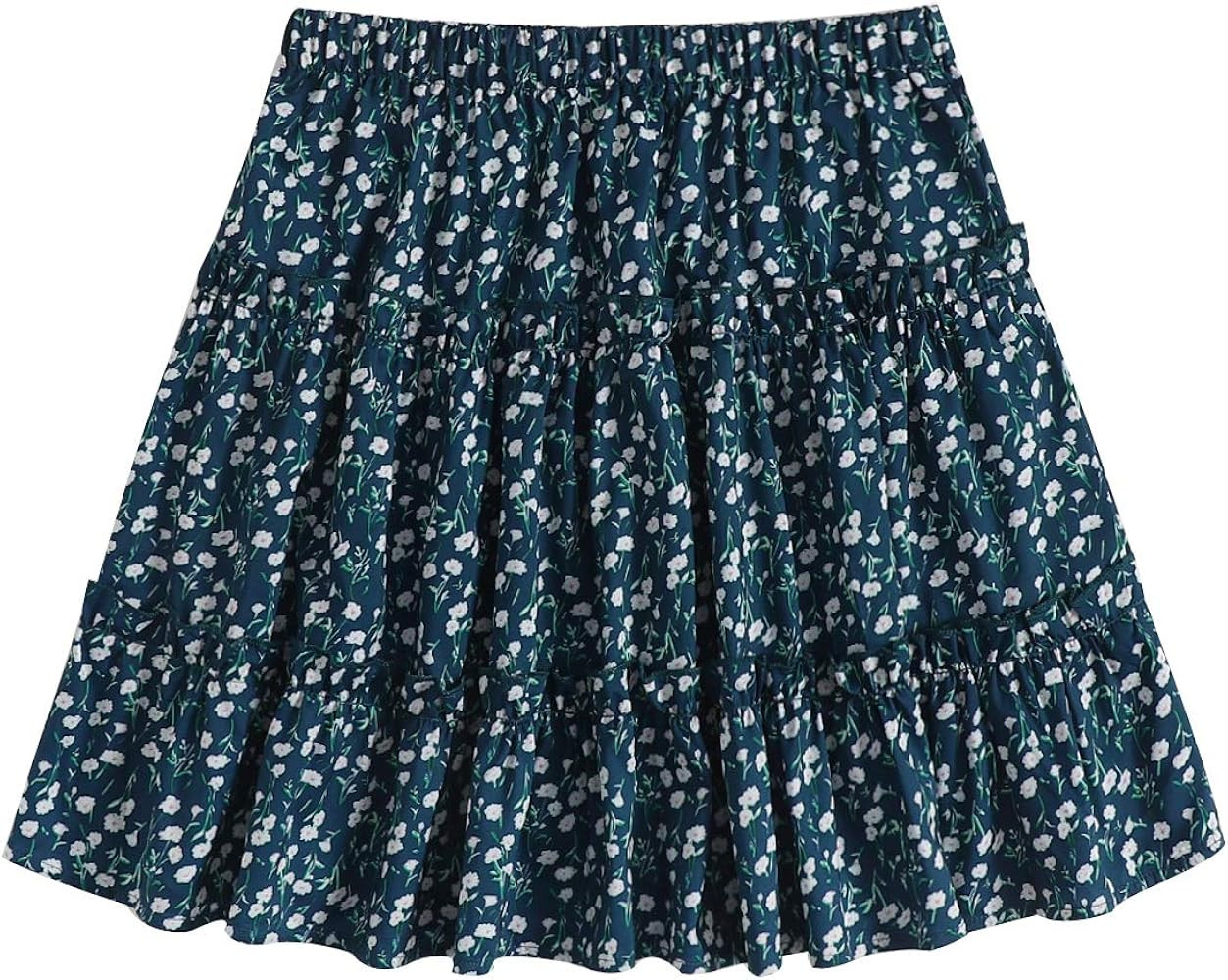 SheIn Women's Boho Floral Print Layered Frill Trim Ditsy Mini Short Flared Skirt | Amazon (US)