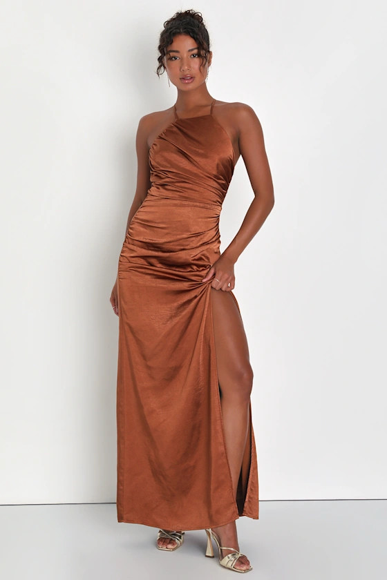 Purposefully Posh Bronze Satin Ruched Backless Maxi Dress | Lulus (US)