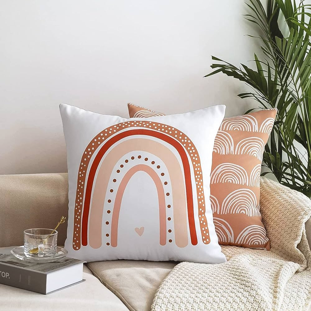 Boho Rainbow Throw Pillow Covers Set of 2 Decorative Cute Rainbow Circle Art Kids Square Cushion ... | Amazon (US)